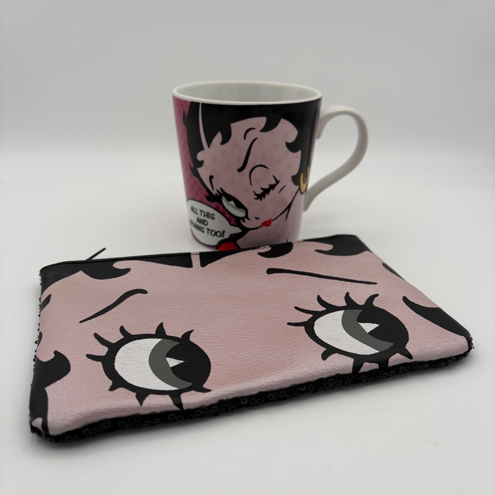 BETTY BOOP Tea Mug and Zippered Toiletry Makeup Bag with Sequins